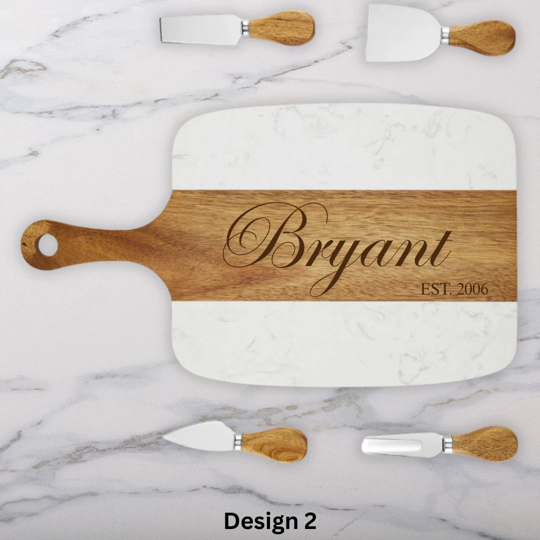 Personalized Marble & Acacia Handle Serving Board Set