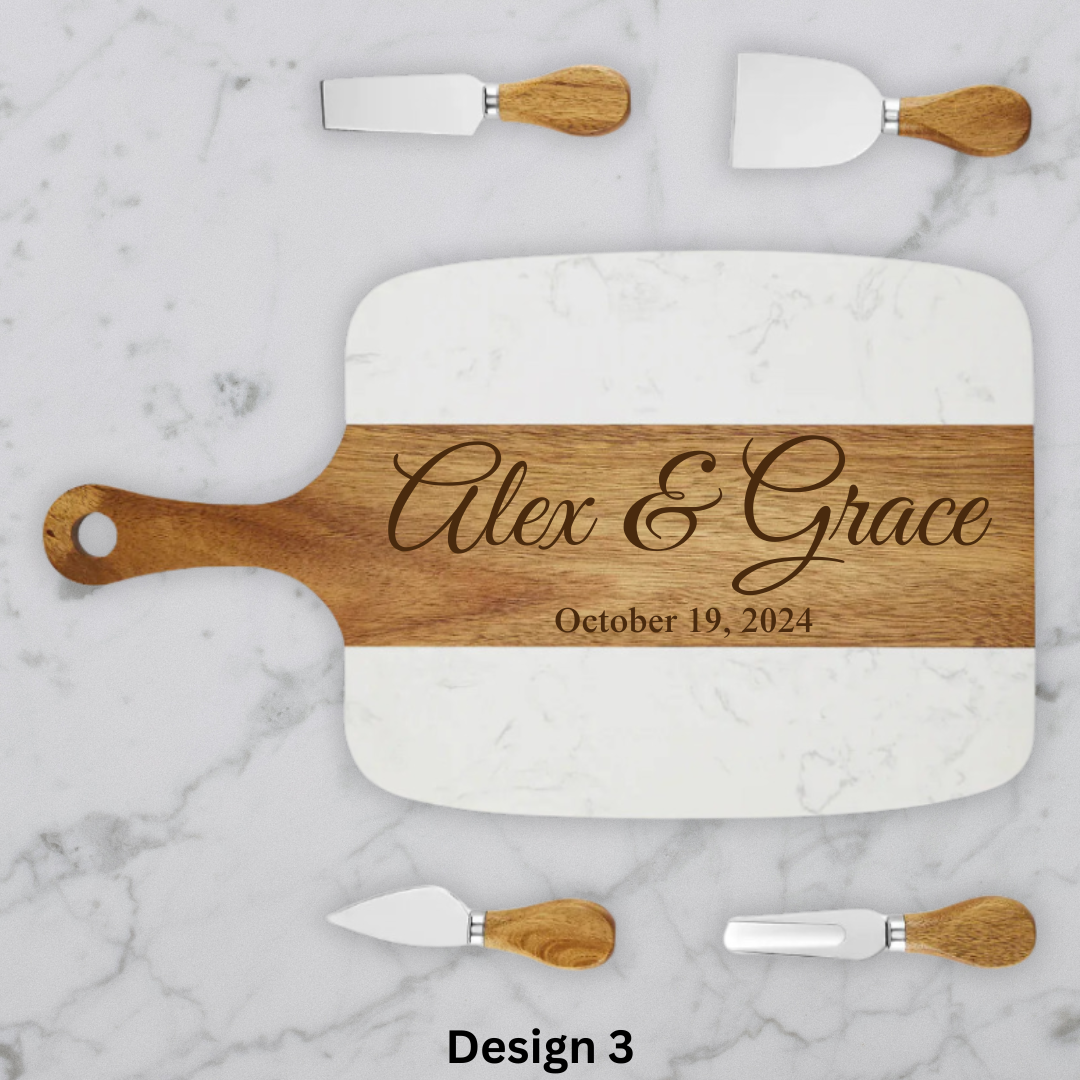 Personalized Marble & Acacia Handle Serving Board Set