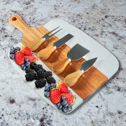 Personalized Marble & Acacia Handle Serving Board Set