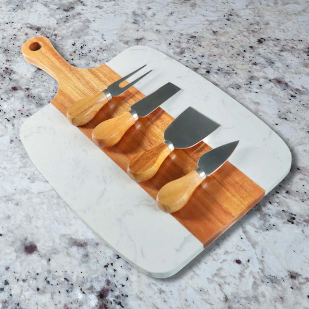 Personalized Marble & Acacia Handle Serving Board Set